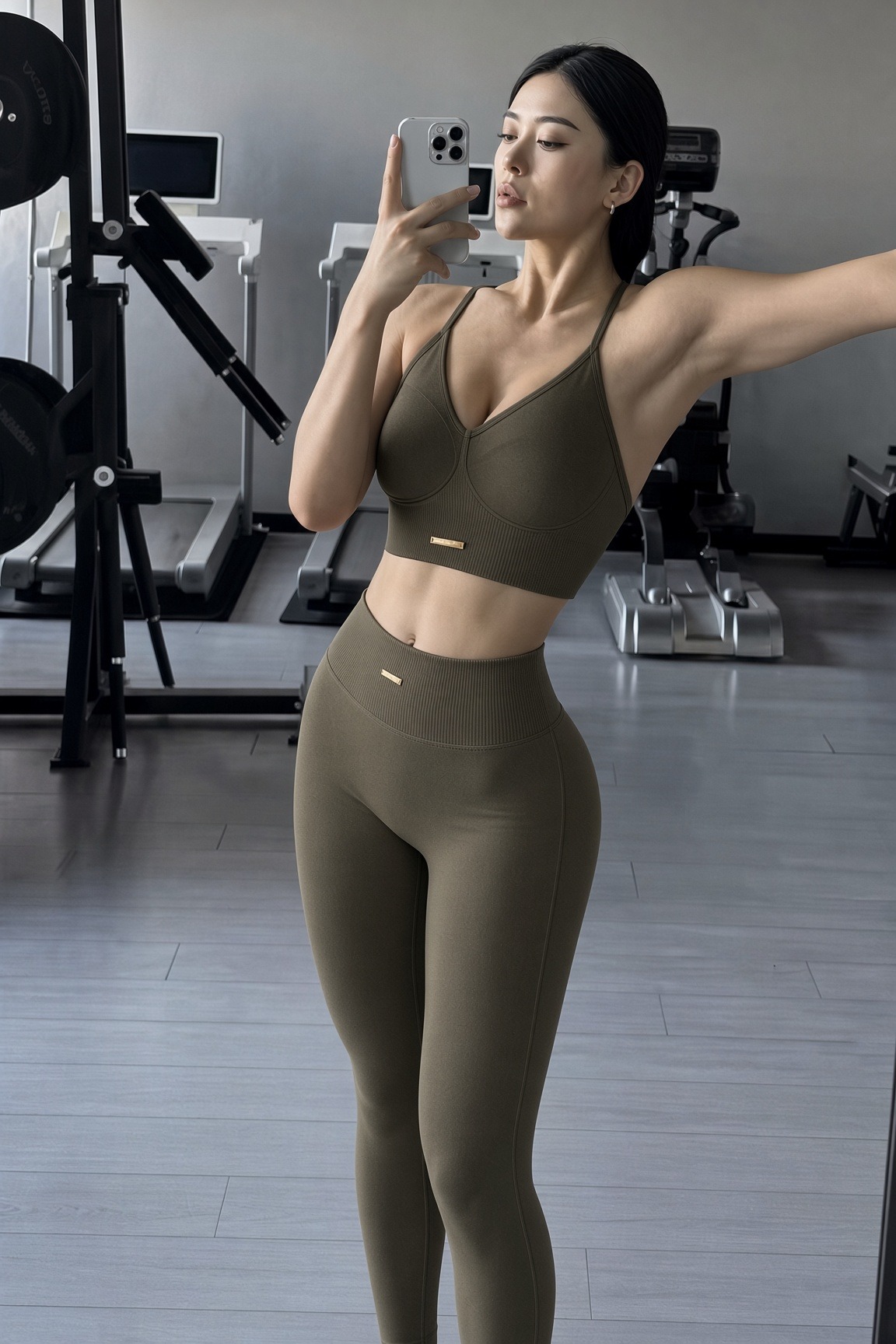 Impact Set in Olive | VELA VELA Impact Set in Olive — matching khaki sports bra and high-waist peach-lift leggings